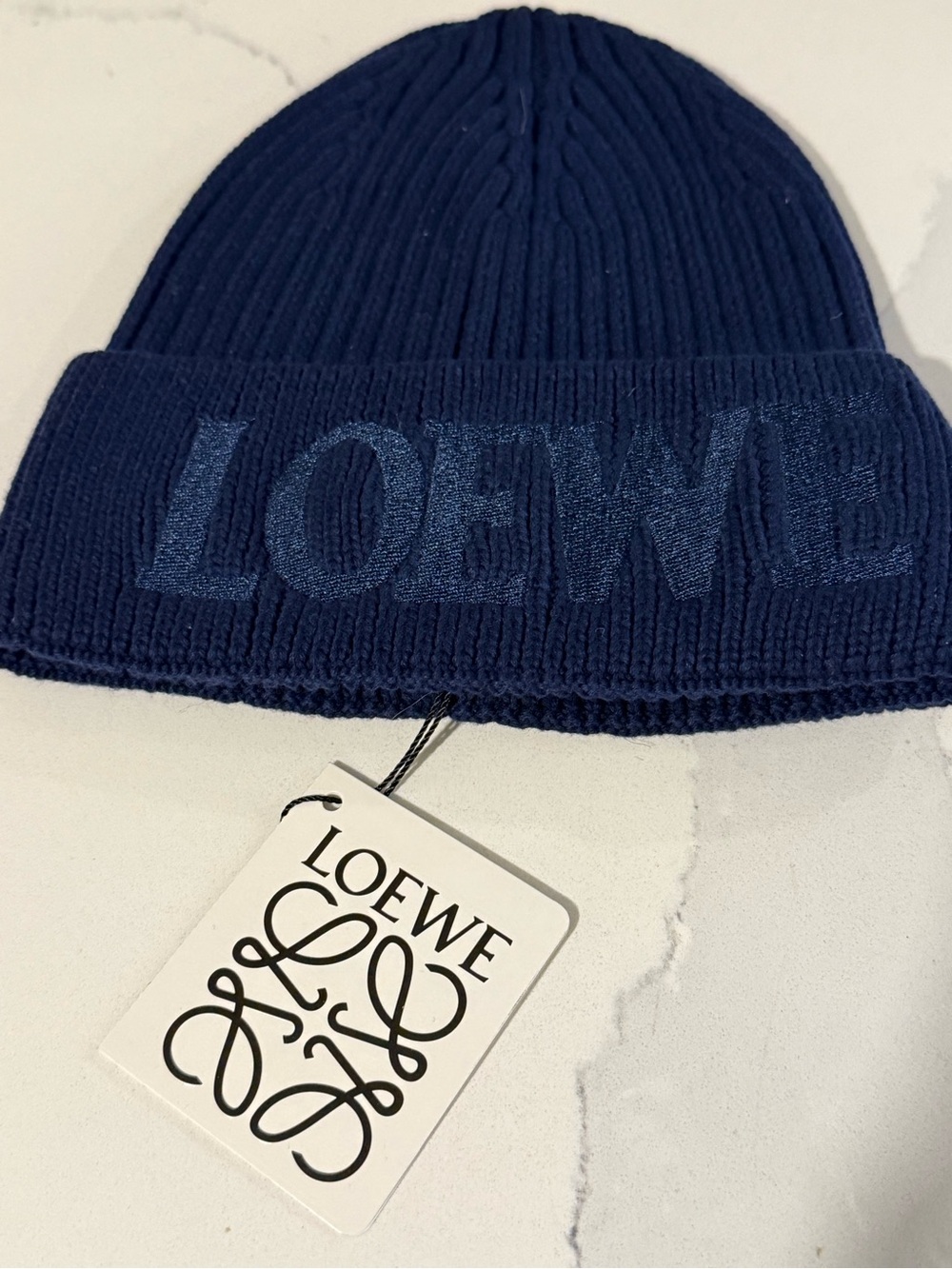 Loewe Navy Ribbed Knit Beanie with Embroidered Logo - Picture 3 of 6